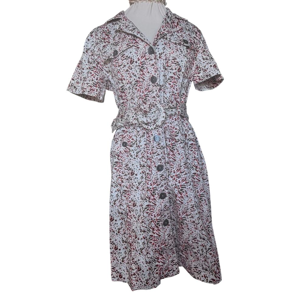 Robert Louis Shirt Dress Red Brown Abstract Print Belted Utility Women M